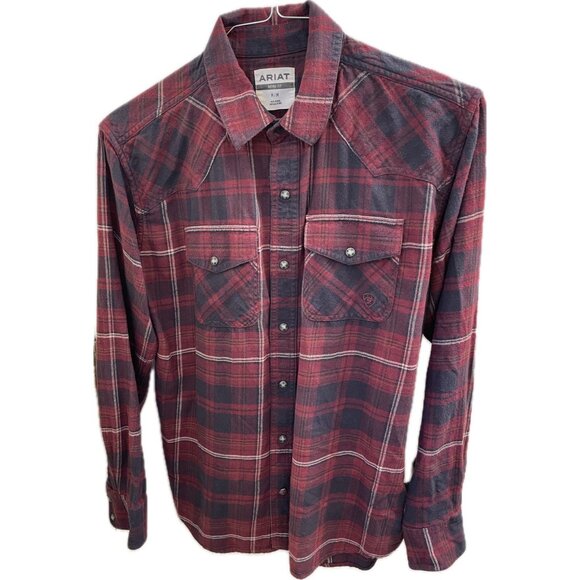 Ariat Shirt Mens Medium Red Plaid Pearl Snap Retro Fit Western 100% Cotton - Picture 1 of 12